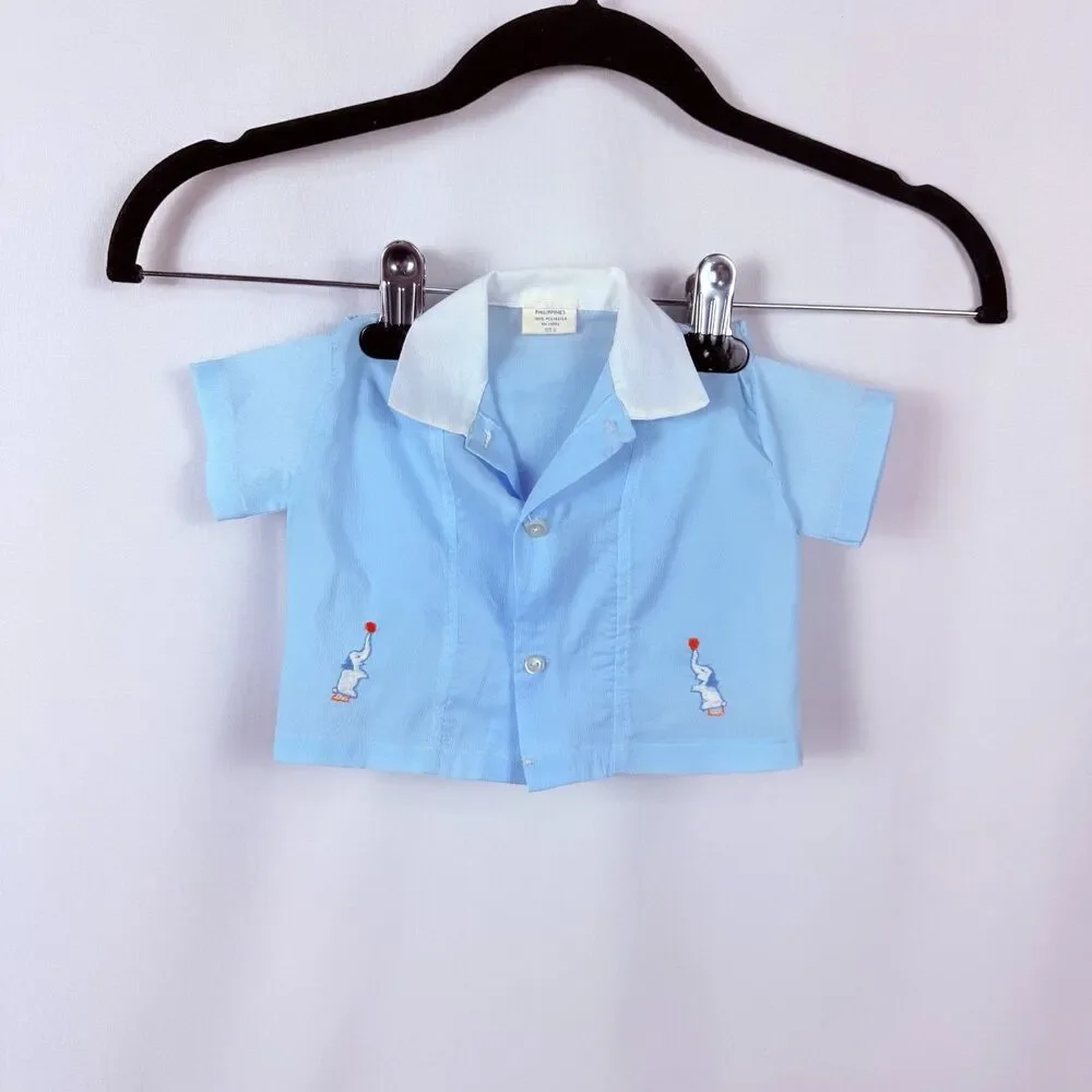 Vintage Baby Boy Outfit 2pc Diaper Set Button Up Collared Shirt Circus Elephant
